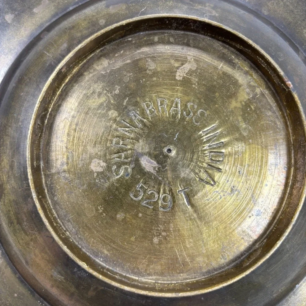 Vintage Round Brass Floral Etched Fluted Scallop Dish Tray Boho Maximalist India